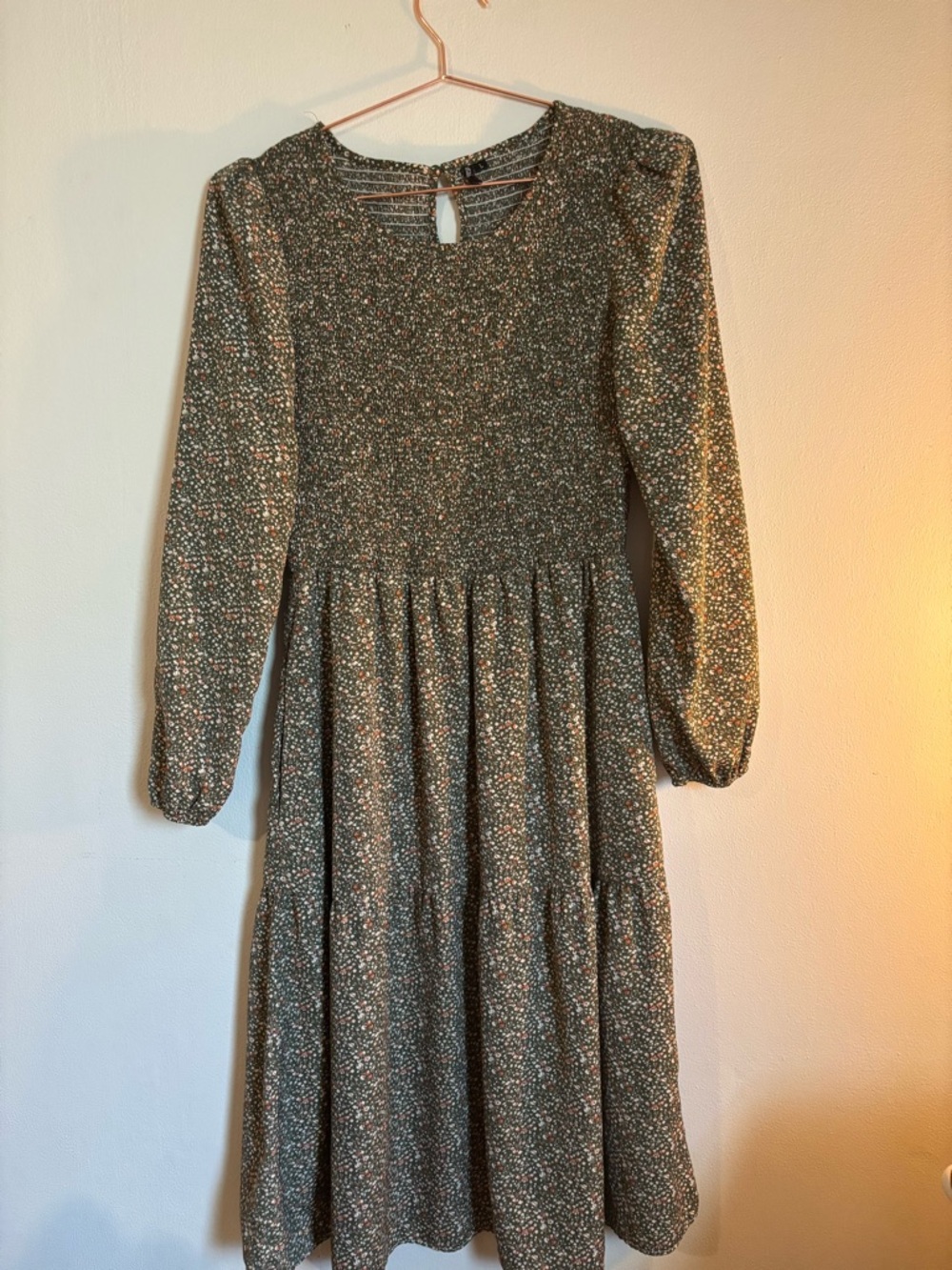 Long Sleeve Floral Midi Dress in Olive Green and Cream
